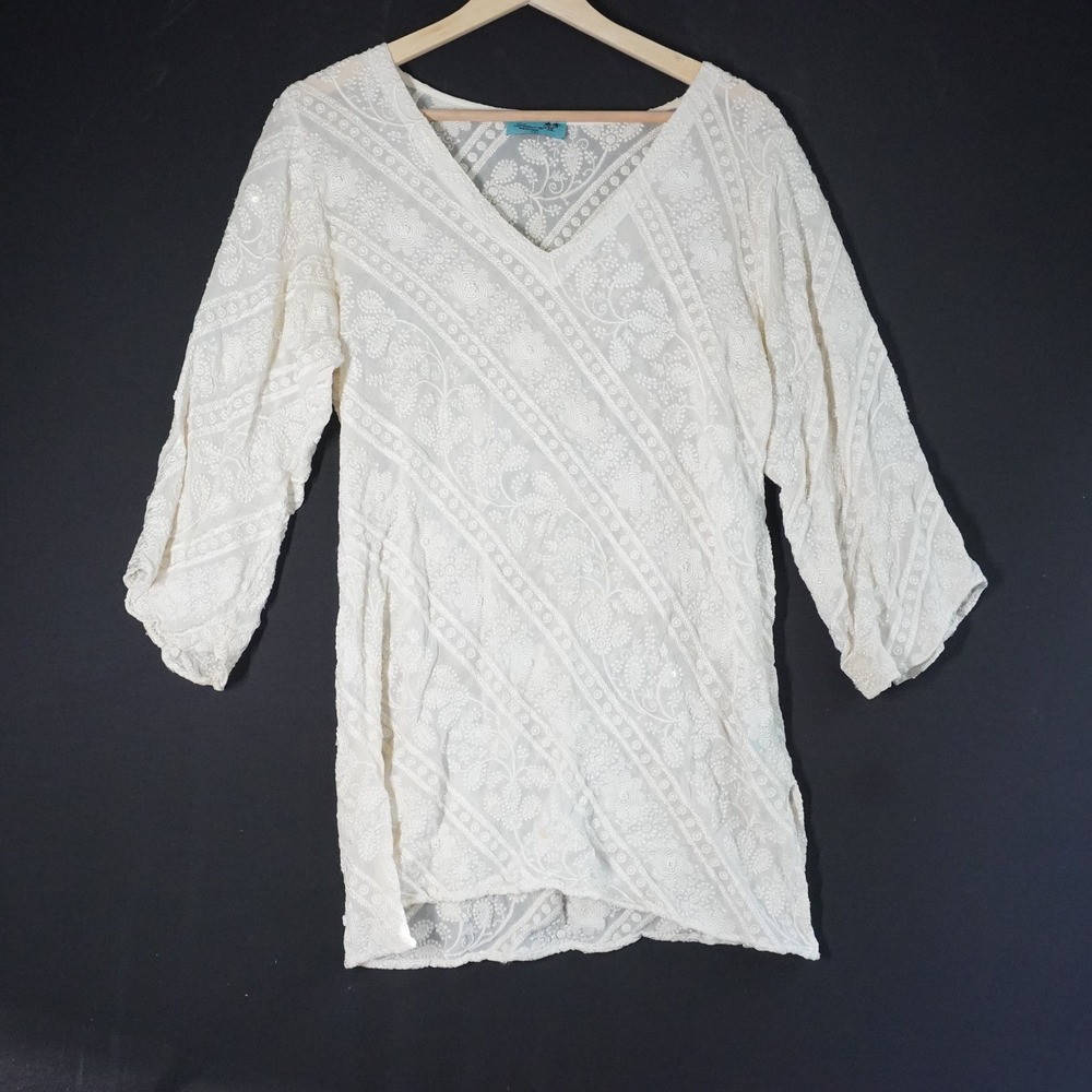 Letarte Handmade Embroidered Tunic Top Floral Cream S Boho Sequin 3/4 Sleeve